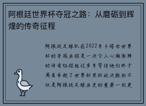 阿根廷世界杯夺冠之路：从磨砺到辉煌的传奇征程